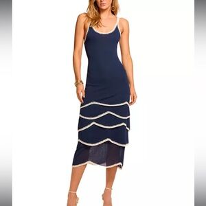 NWT NEW Ramy Brook Aurelia Navy Layered Tiered Dress Crochet Trim